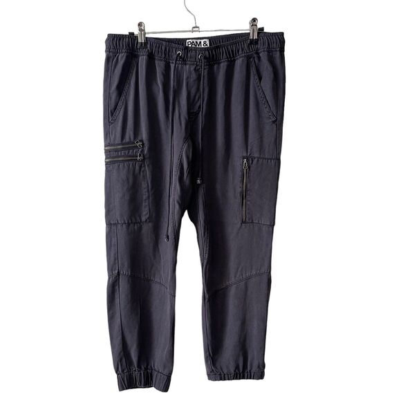 Pam & Gela Pants - Pam & Gela Small Cargo Jogger Pants Dark Gray Tencel Drawstring Waistband